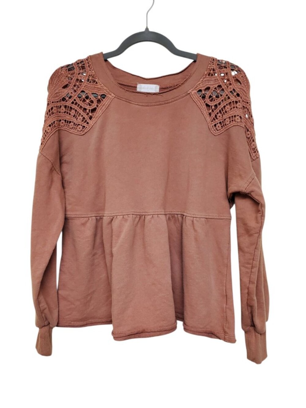 Altar'd State Women's Copper Rust Open Crochet Knit Shoulder Peplum Top Size S